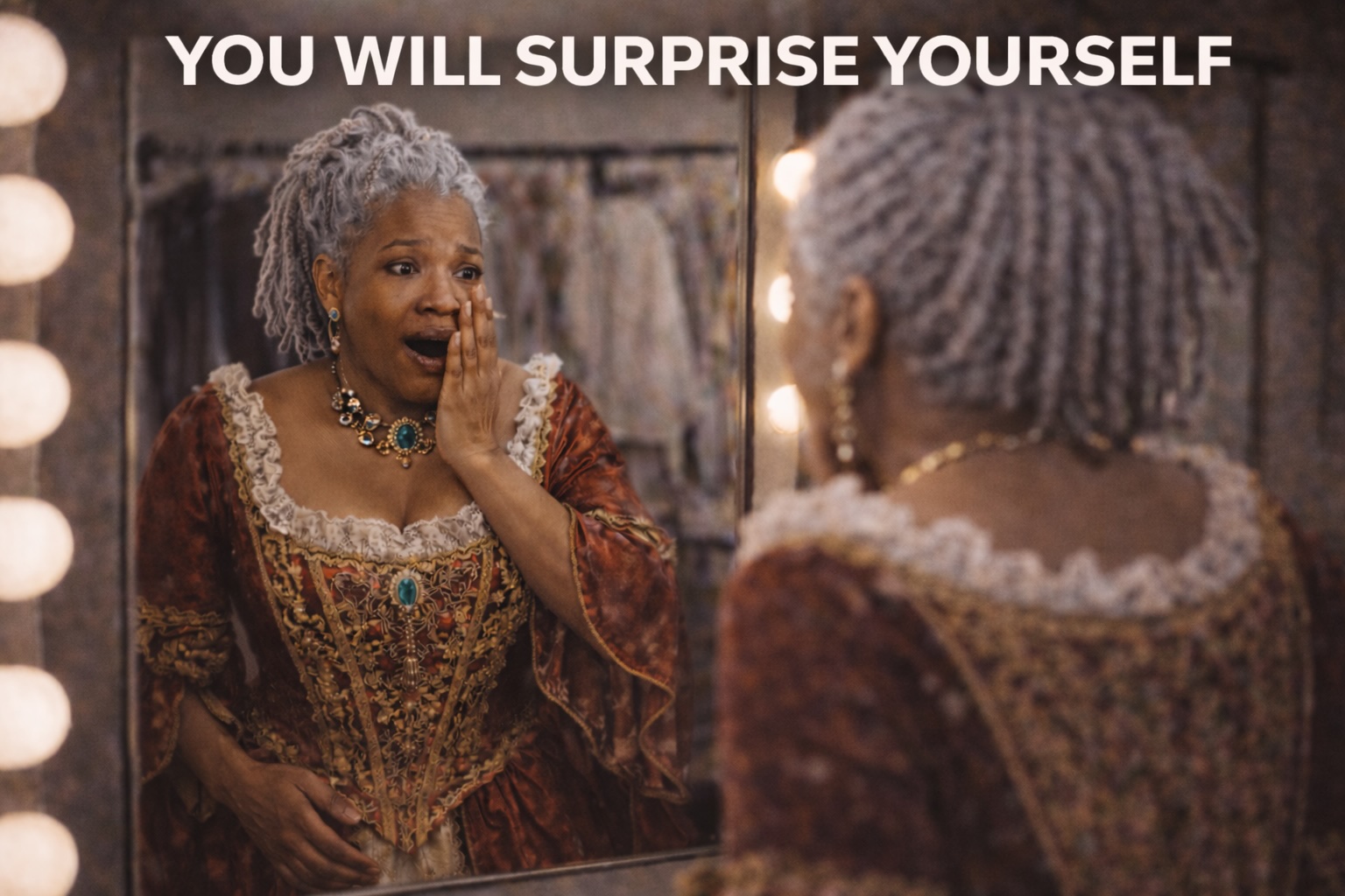 You will surprise yourself — a GSPA student in costume, moved by her own reflection